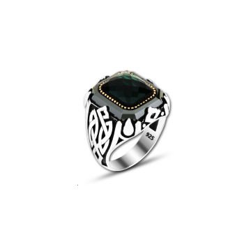 Beelo Silver 925K Gümüş Yeşil Zirkon Taşlı Motifli Kare Yüzük