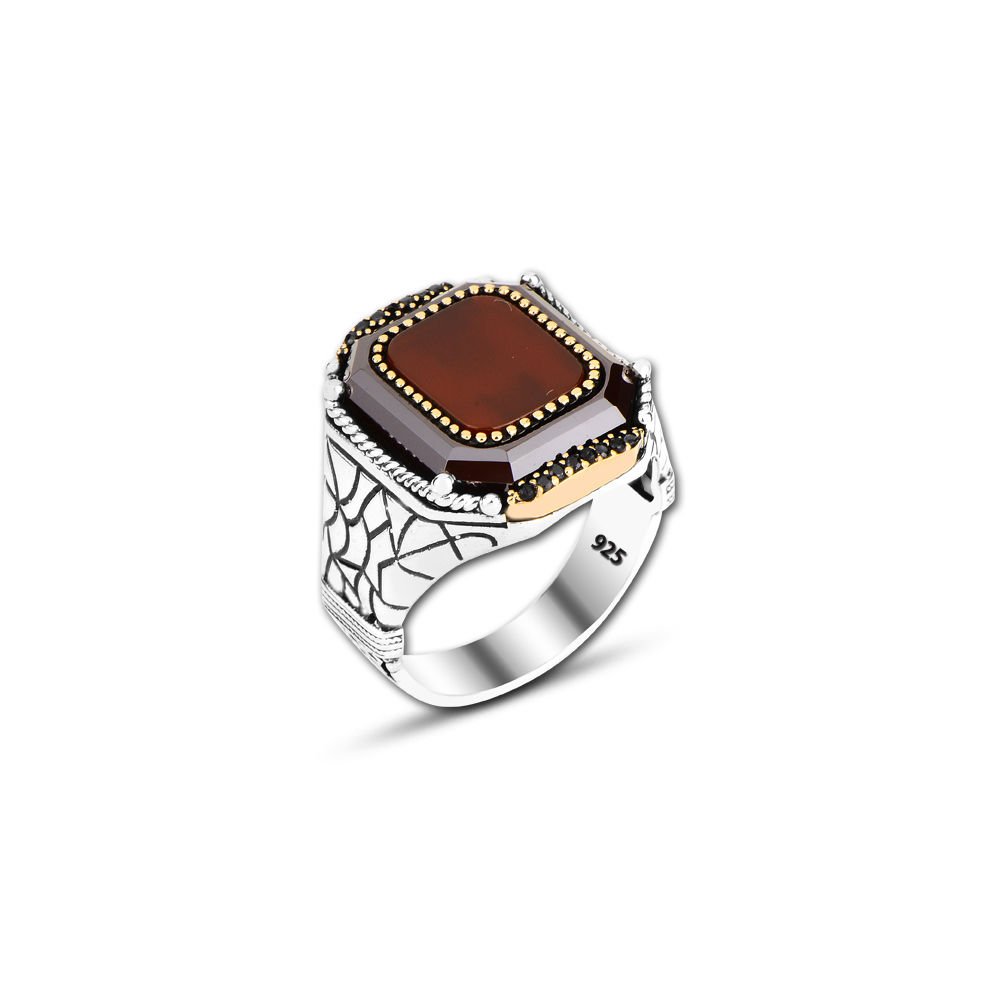 Beelo Silver 925K Gümüş Bordo Akik Motifli Yüzük