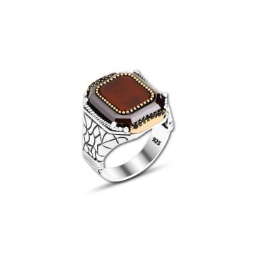 Beelo Silver 925K Gümüş Bordo Akik Motifli Yüzük