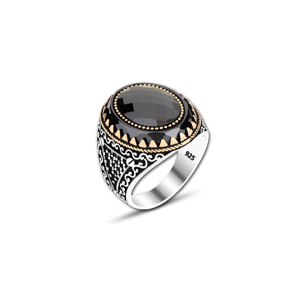 Beelo Silver 925K Gümüş Siyah Zirkon Taşlı Motifli Yüzük