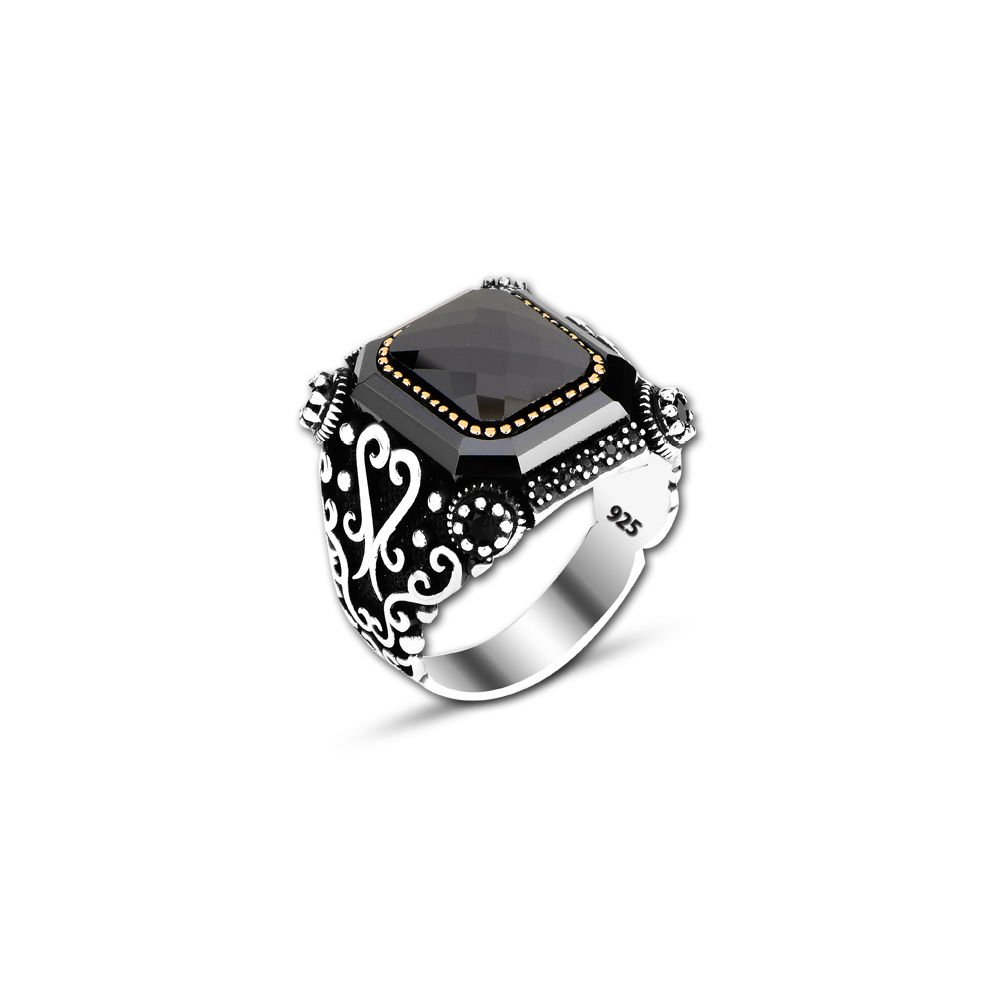 Beelo Silver 925K Gümüş Siyah Zirkon Taşlı Motifli Yüzük