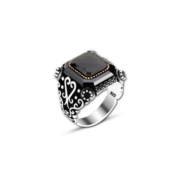 Beelo Silver 925K Gümüş Siyah Zirkon Taşlı Motifli Yüzük