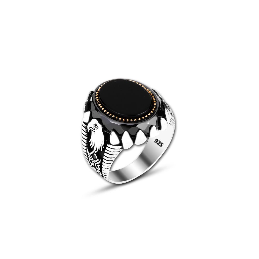 Beelo Silver 925K Gümüş Oniks  Kartal Motifli Yüzük
