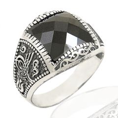 Beelo Silver 925K Gümüş Tuğra Siyah Taşlı Erkek Yüzük BGEY034