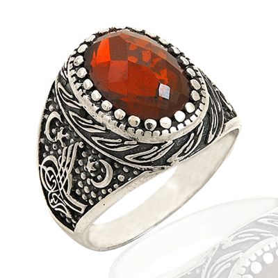 Beelo Silver 925K Gümüş Tuğra Ayyıldız Kırmızı Taşlı Erkek Yüzük BGEY038