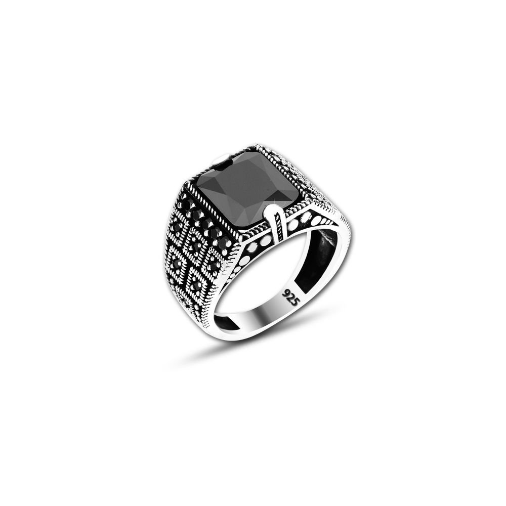 Beelo Silver 925K Gümüş Siyah Zirkon Taşlı Motifli Kare Yüzük