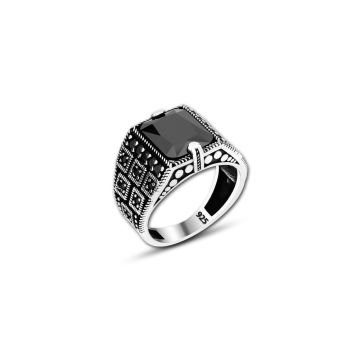 Beelo Silver 925K Gümüş Siyah Zirkon Taşlı Motifli Kare Yüzük