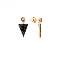 Beelo Gold 14K Altın Zirkon Tasarım Siyah Üçgen  Küpe