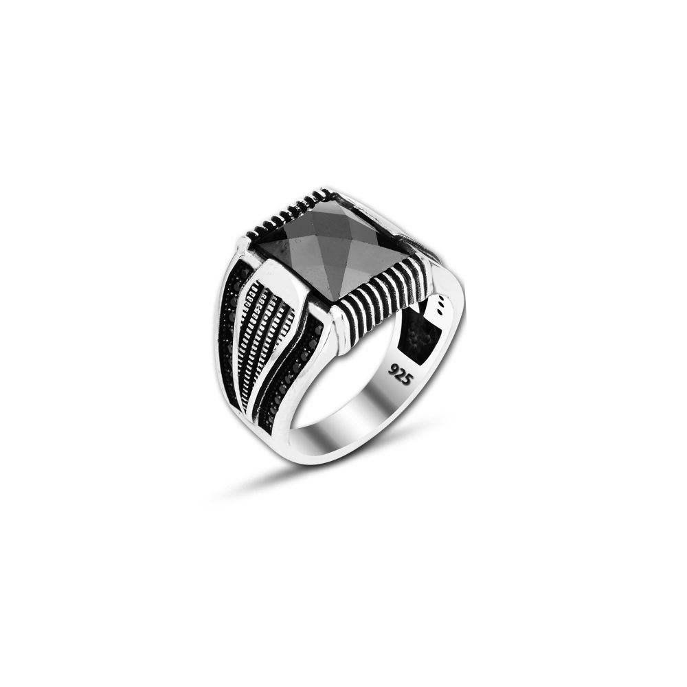 Beelo Silver 925K Gümüş Siyah Zirkon Taşlı Motifli Kare Yüzük