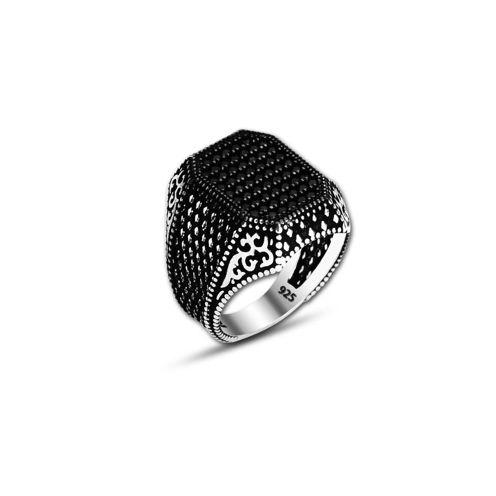 Beelo Silver 925K Gümüş Siyah Zirkon Taşlı Motifli Kare Yüzük