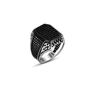 Beelo Silver 925K Gümüş Siyah Zirkon Taşlı Motifli Kare Yüzük