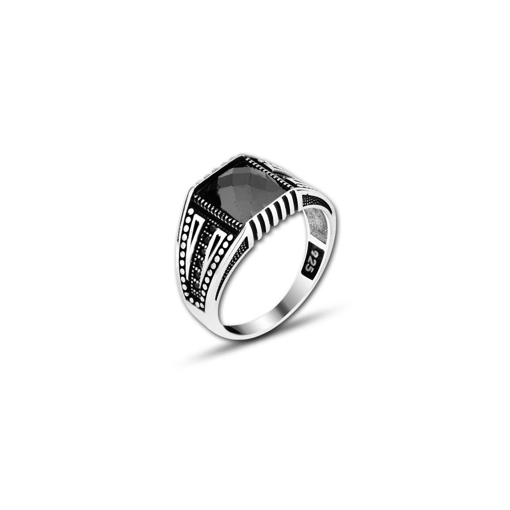 Beelo Silver 925K Gümüş Siyah Zirkon Taşlı Motifli Kare Yüzük