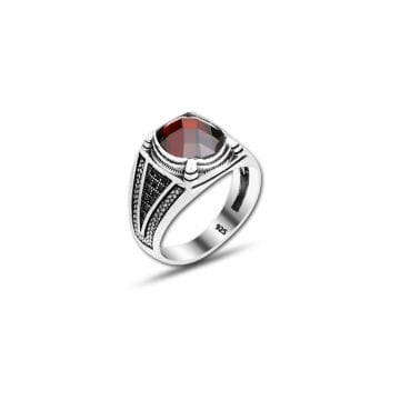 Beelo Silver 925K Gümüş Kırmızı Zirkon Taşlı Motifli Yüzük