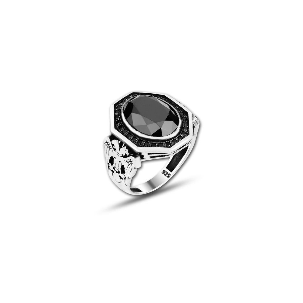 Beelo Silver 925K Gümüş Siyah Zirkon Taşlı Çift Başlı Kartal Motifli Yüzük