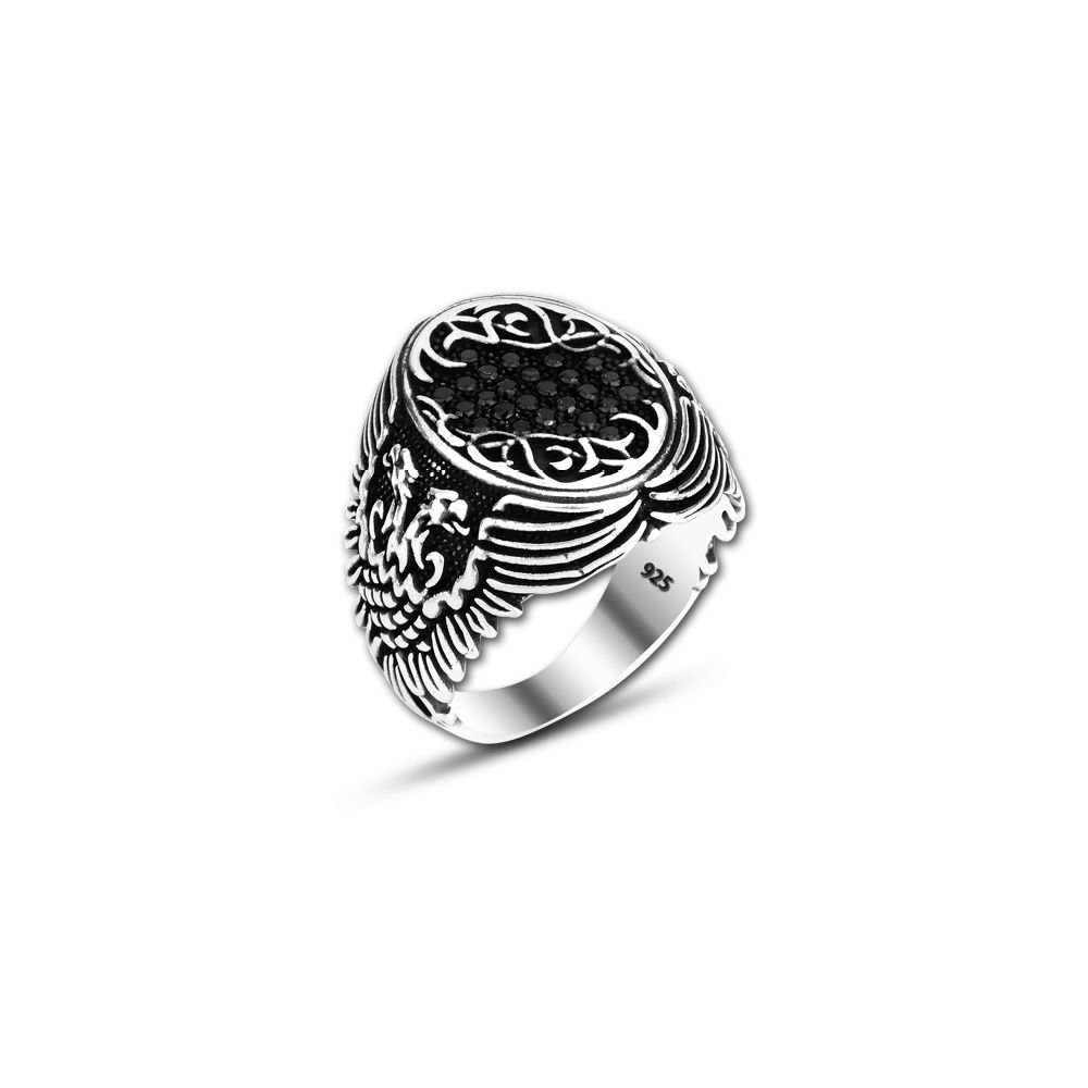 Beelo Silver 925K Gümüş Siyah Zirkon Taşlı Çift Başlı Kartal Motifli Yüzük