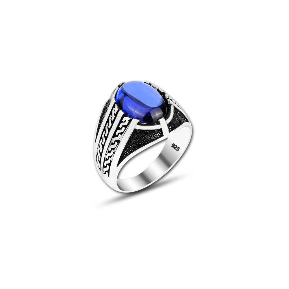 Beelo Silver 925K Gümüş Mavi Zirkon Taşlı Motifli Yüzük