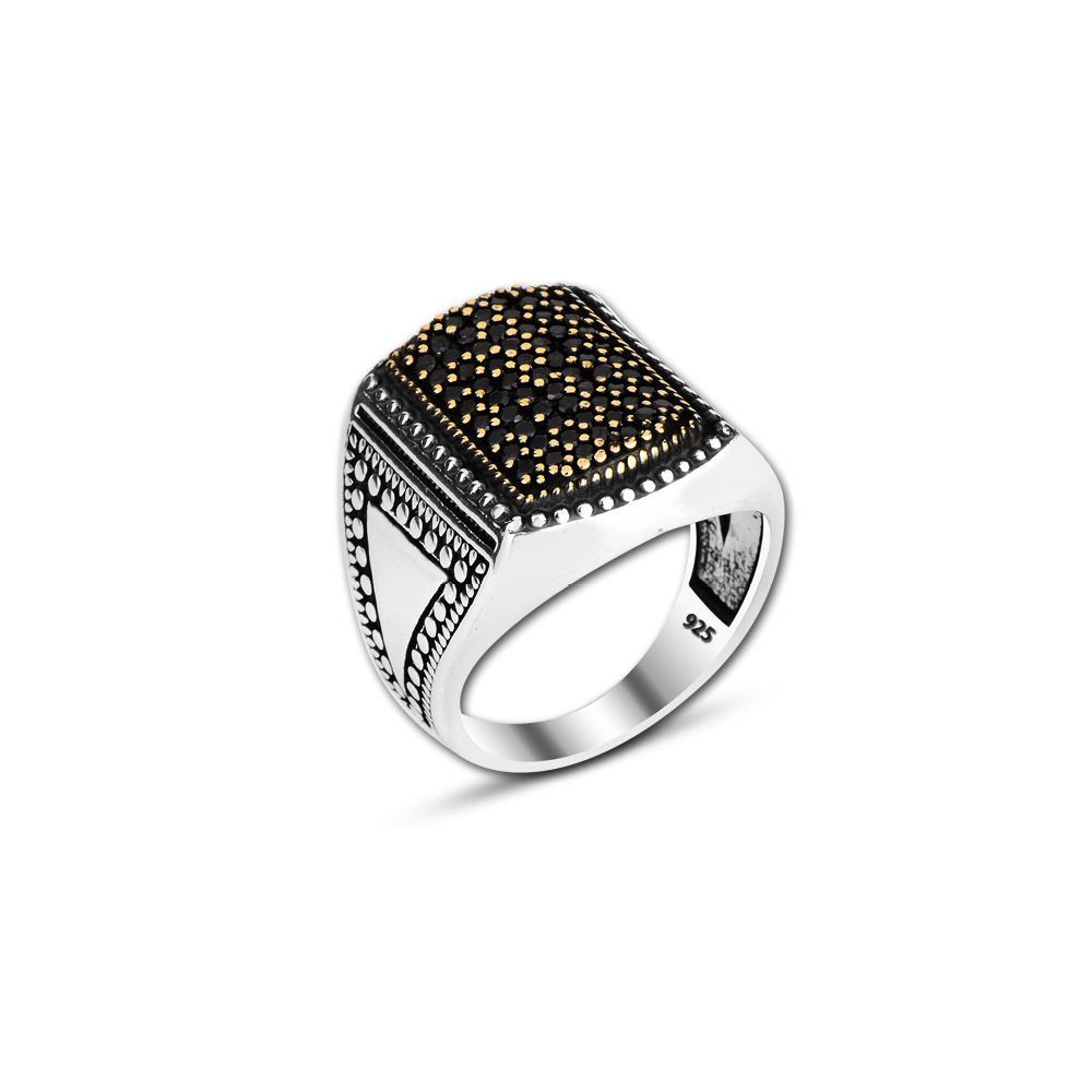 Beelo Silver 925K Gümüş Siyah Zirkon Taşlı Motifli Kare Yüzük