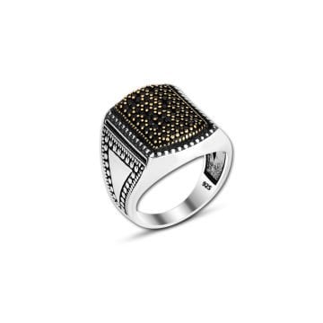 Beelo Silver 925K Gümüş Siyah Zirkon Taşlı Motifli Kare Yüzük