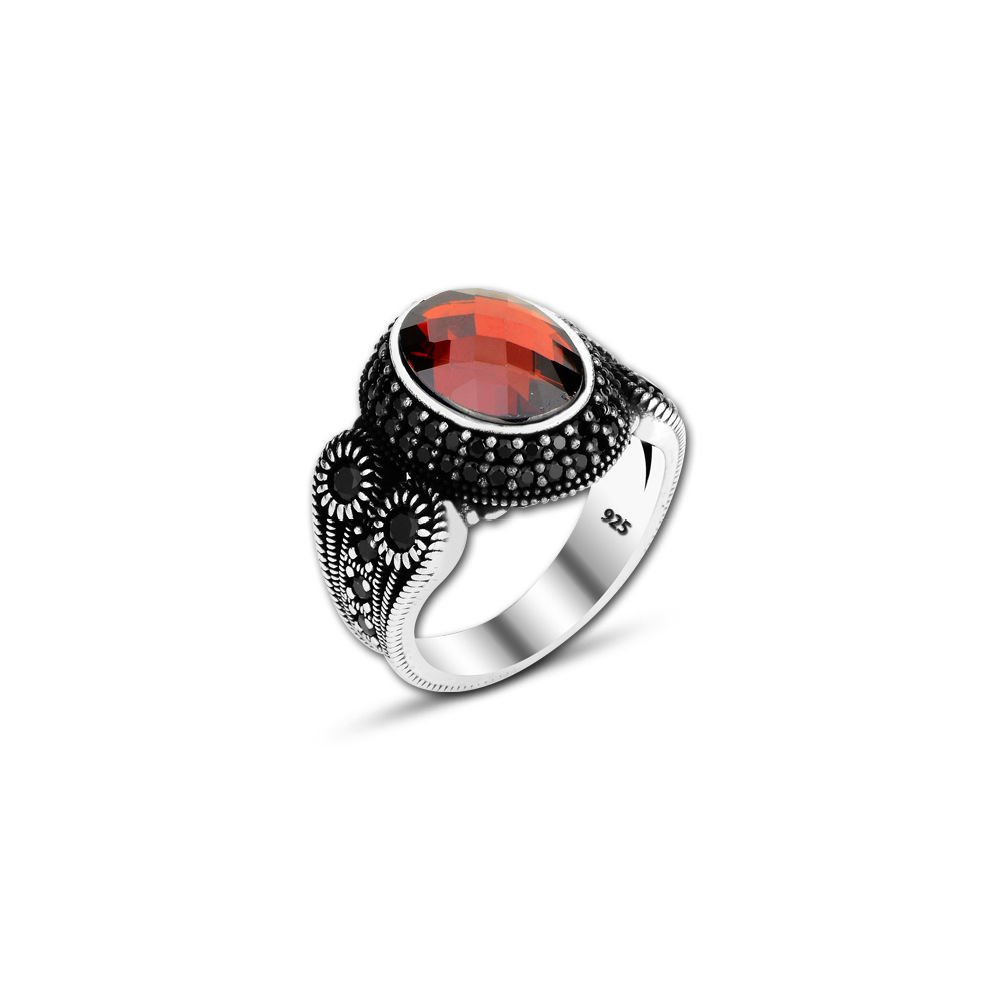 Beelo Silver 925K Gümüş Kırmızı Zirkon Taşlı Motifli Yüzük