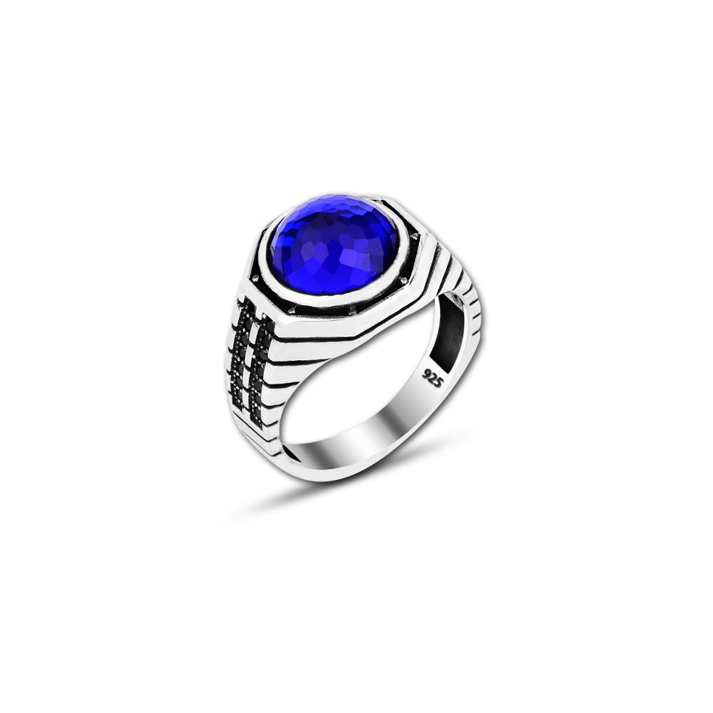 Beelo Silver 925K Gümüş Mavi Zirkon Taşlı Motifli Yüzük