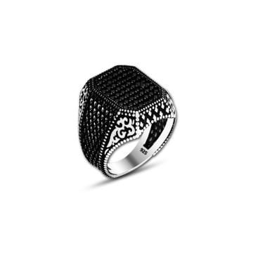 Beelo Silver 925K Gümüş Siyah Zirkon Taşlı Motifli Kare Yüzük