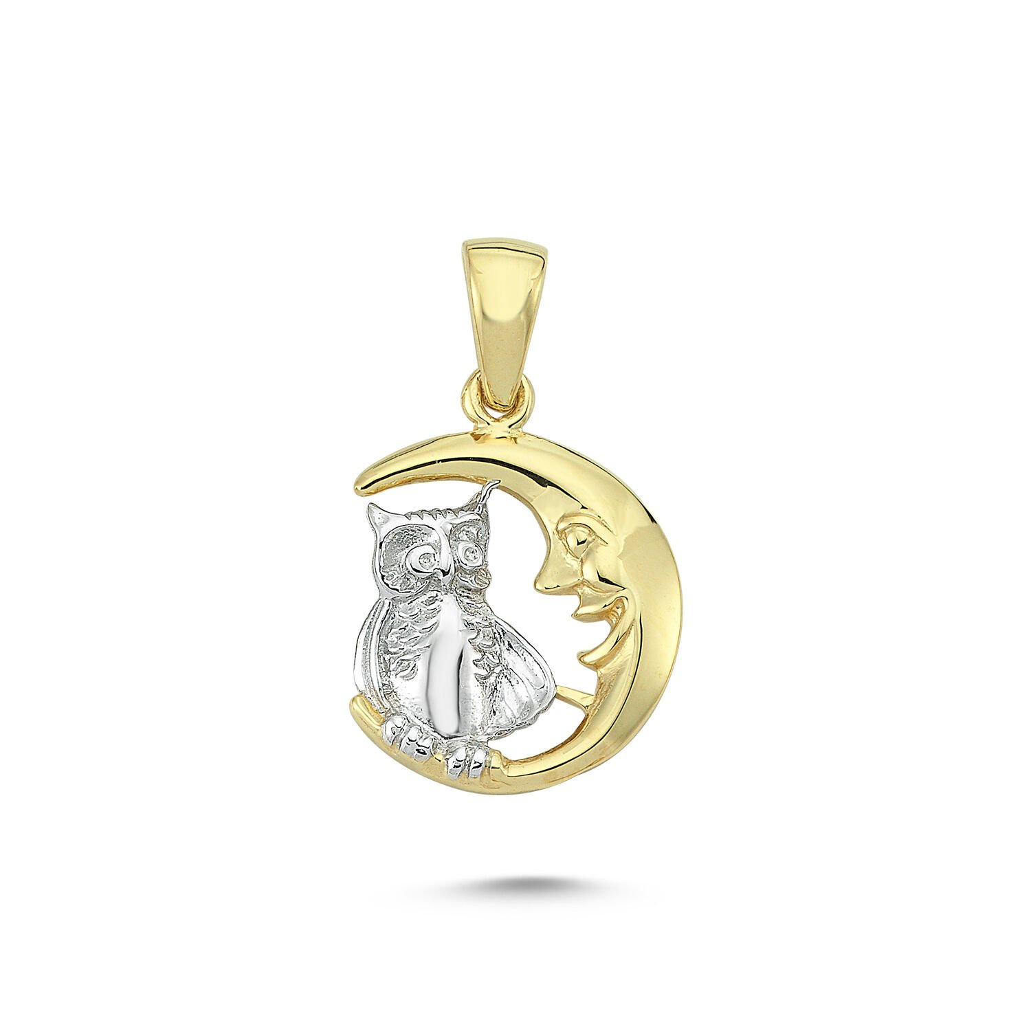 Beelo Gold 14K Altın Baykuş ve Aydaki Dede Taşlı Kolye Ucu