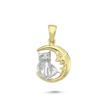 Beelo Gold 14K Altın Baykuş ve Aydaki Dede Taşlı Kolye Ucu