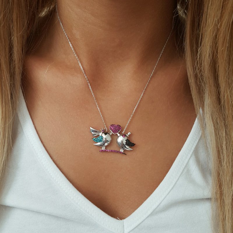 Beelo Silver Gümüş 925K Gümüş Tasarım Kalpli Kuş Kolye