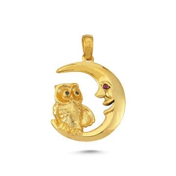 Beelo Gold 14K Altın Baykuş ve Aydaki Dede Taşlı Kolye Ucu