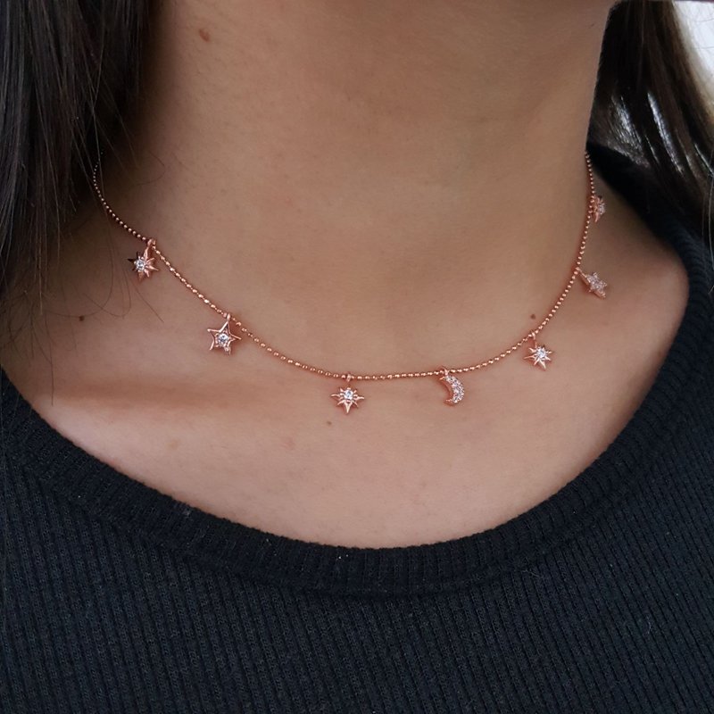 925K Gümüş Ay Yıldız  Choker Kolye