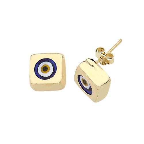Beelo Gold 14K Altın Seramik Kare Nazar Küpe EGZ002