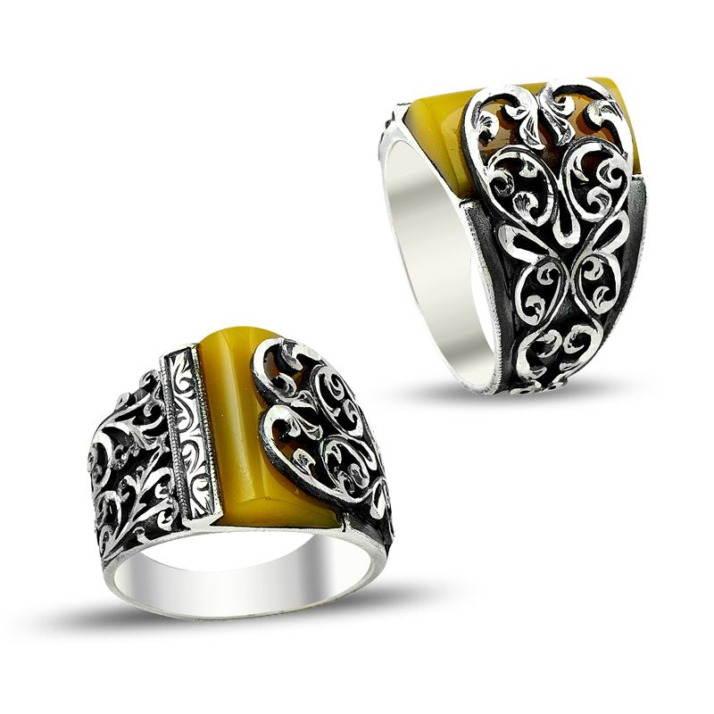 Beelo Silver 925K Gümüş Erzurum El işi Kehribar Erkek Yüzük