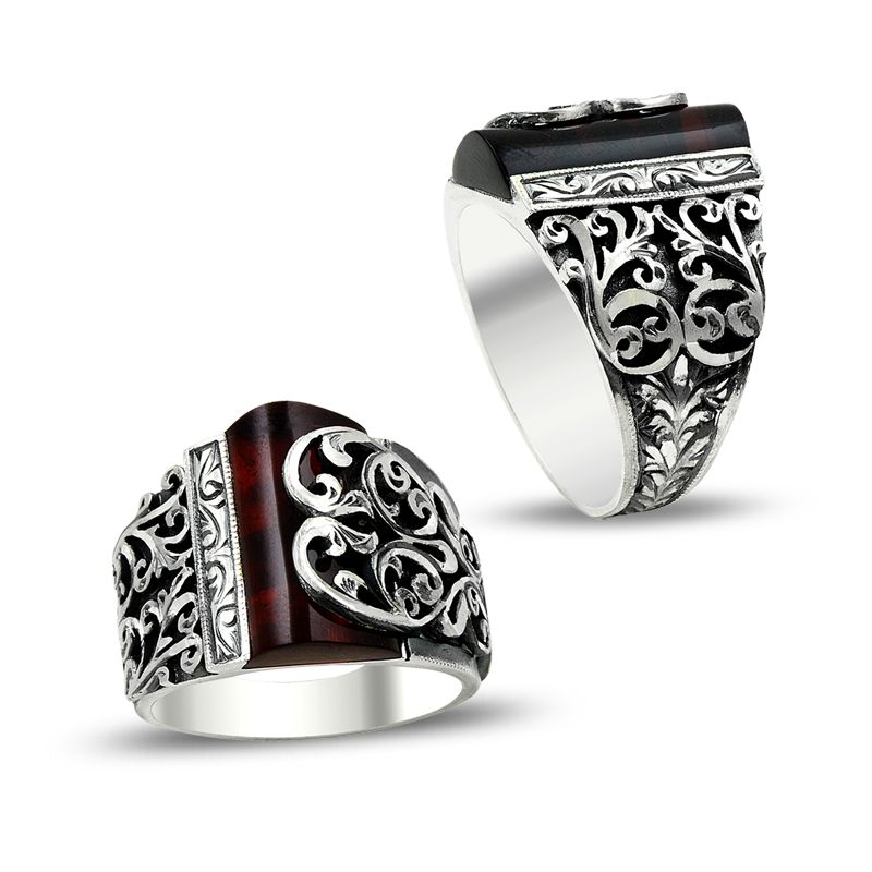 Beelo Silver 925K Gümüş Erzurum El işi Kehribar Erkek Yüzük