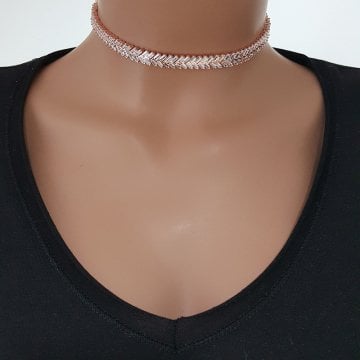 925K Gümüş  Baget Taşlı Choker Kolye