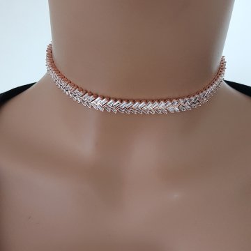 925K Gümüş  Baget Taşlı Choker Kolye