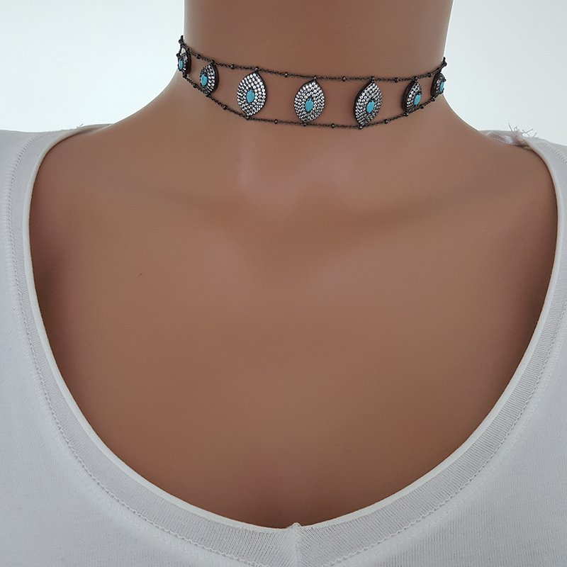 925K Gümüş Göz Taşlı Choker Kolye