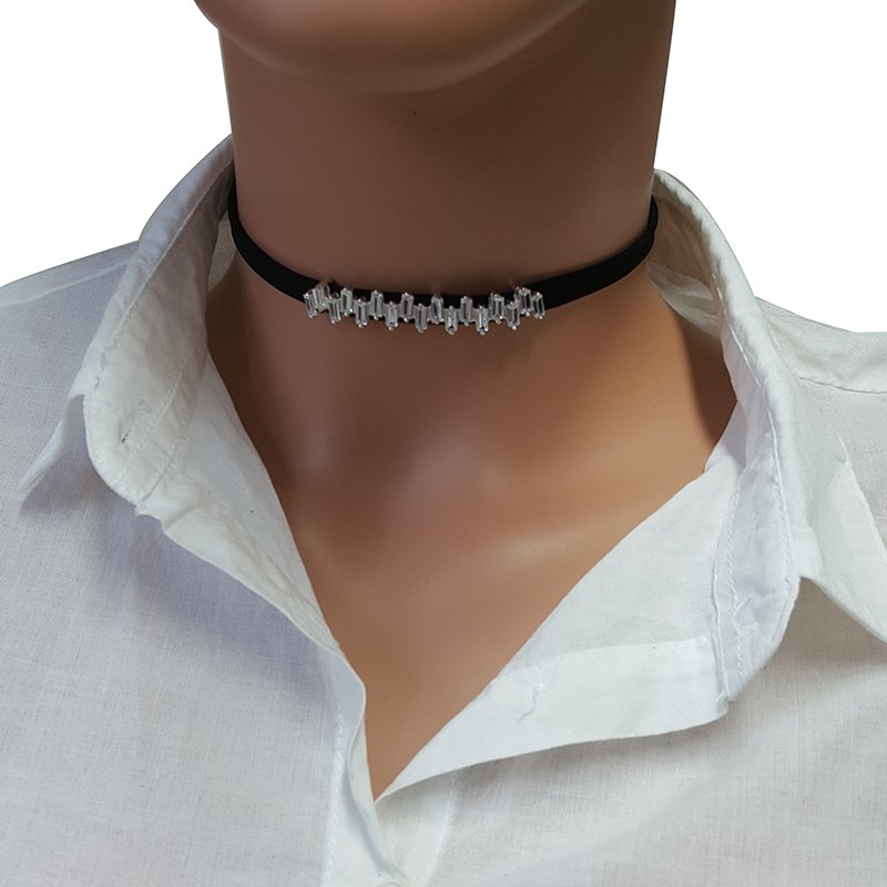 925K Gümüş Deri Baget Taşlı Choker Kolye