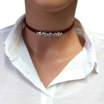 925K Gümüş Bordo Deri Baget Taşlı Choker Kolye