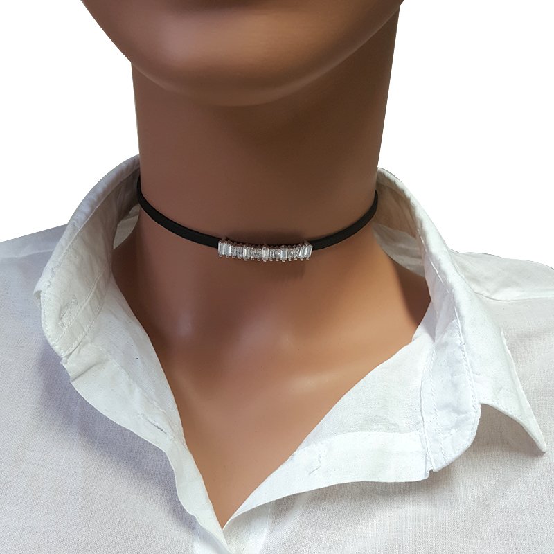 925K Gümüş Deri Baget Taşlı Choker Kolye