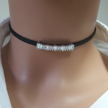 925K Gümüş Deri Baget Taşlı Choker Kolye