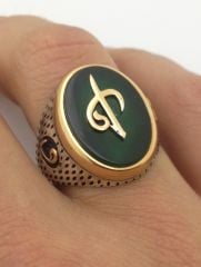 Yeşil taşlı vav ve elif yazılı Gümüş Erkek Yüzüğü
