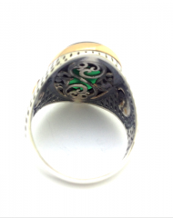 Yeşil taşlı vav ve elif yazılı Gümüş Erkek Yüzüğü