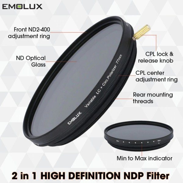 Emolux 40.5mm 2 in 1 Variable ND 2-400 + Circular Polarize Filtre