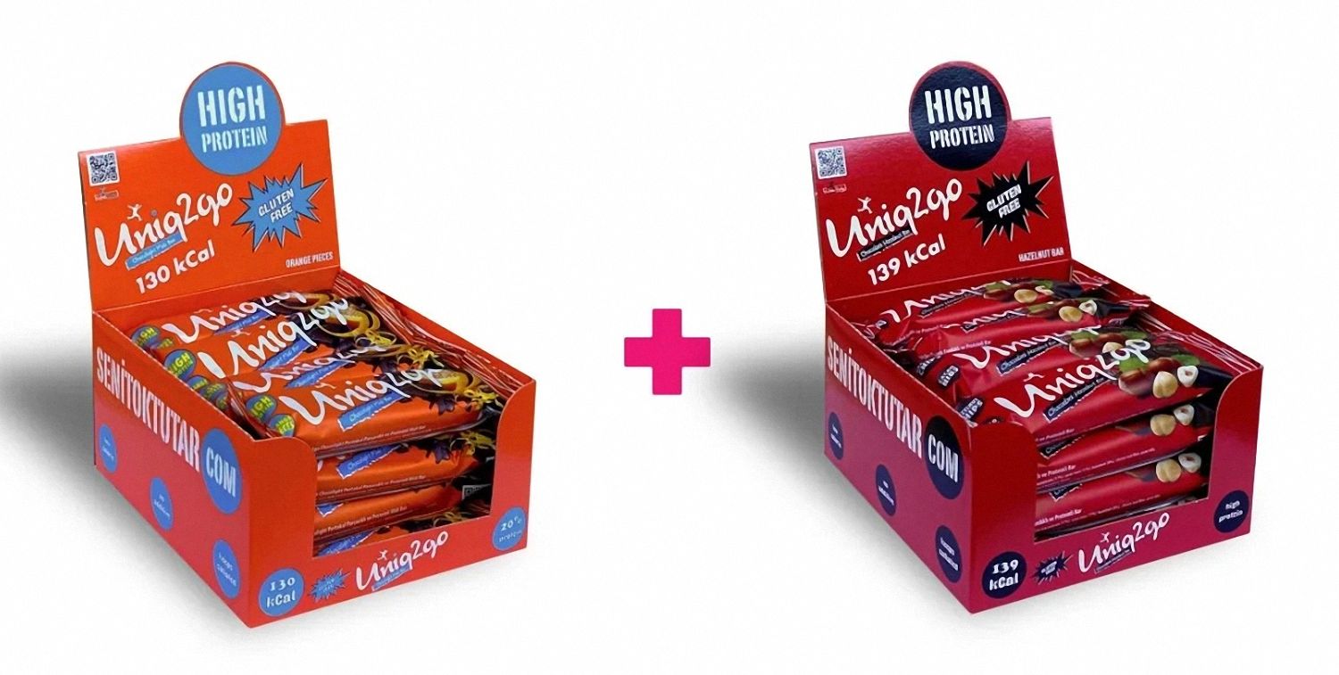 Uniq2go ChocoLight Portakallı Proteinli Bar 40g 16 adet + Chocodark Fındıklı Proteinli Bar 38g 16 adet (32 Adet)