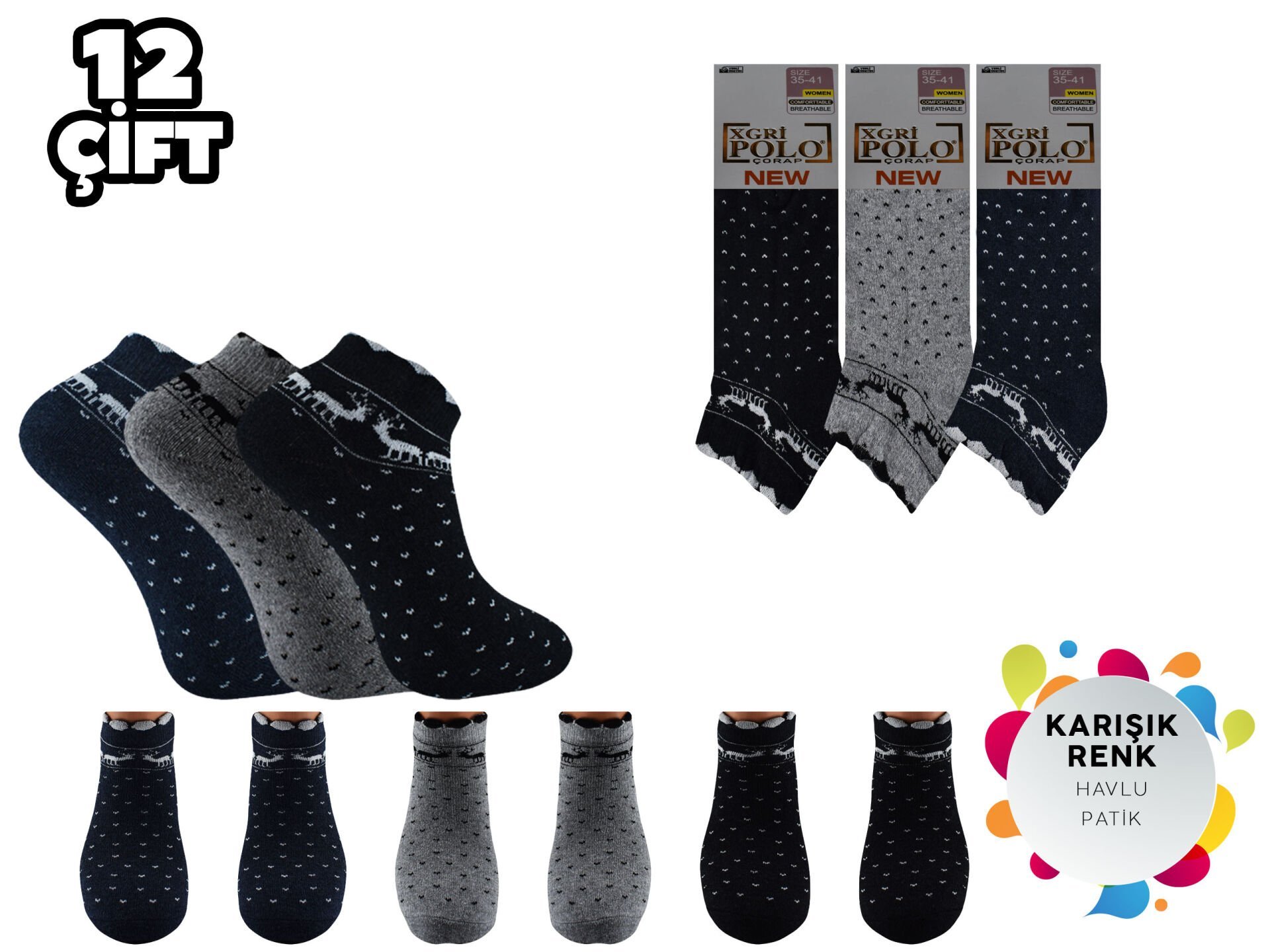 XGRİ POLO 82-3 Bayan Havlu Patik 12'li