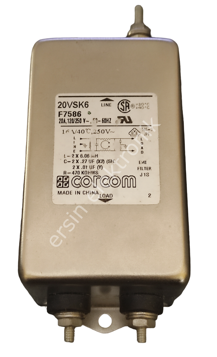 (20A) EMI FILTER(20VSK6 / F7586 ) / 20A 120/250Vac Line Filter (Corcom)( orjinal) (127,3mm, 20 A, 250 V ac)