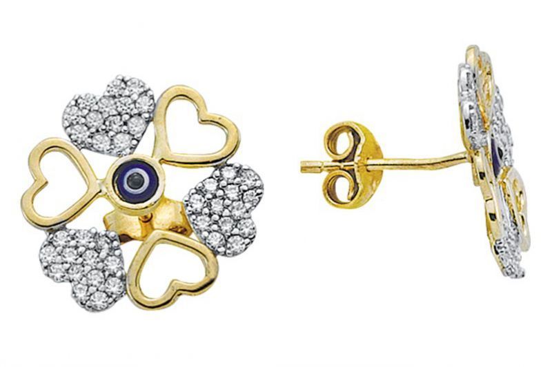 Altın Taşlı Kalp Ve Nazar Boncuklu  Küpe Kp000061 Melis Gold