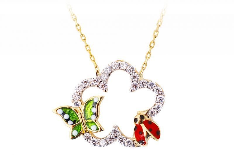 Altın Mineli Kelebek ve Uğur Böcekli Kolye Kly00130 Melis Gold