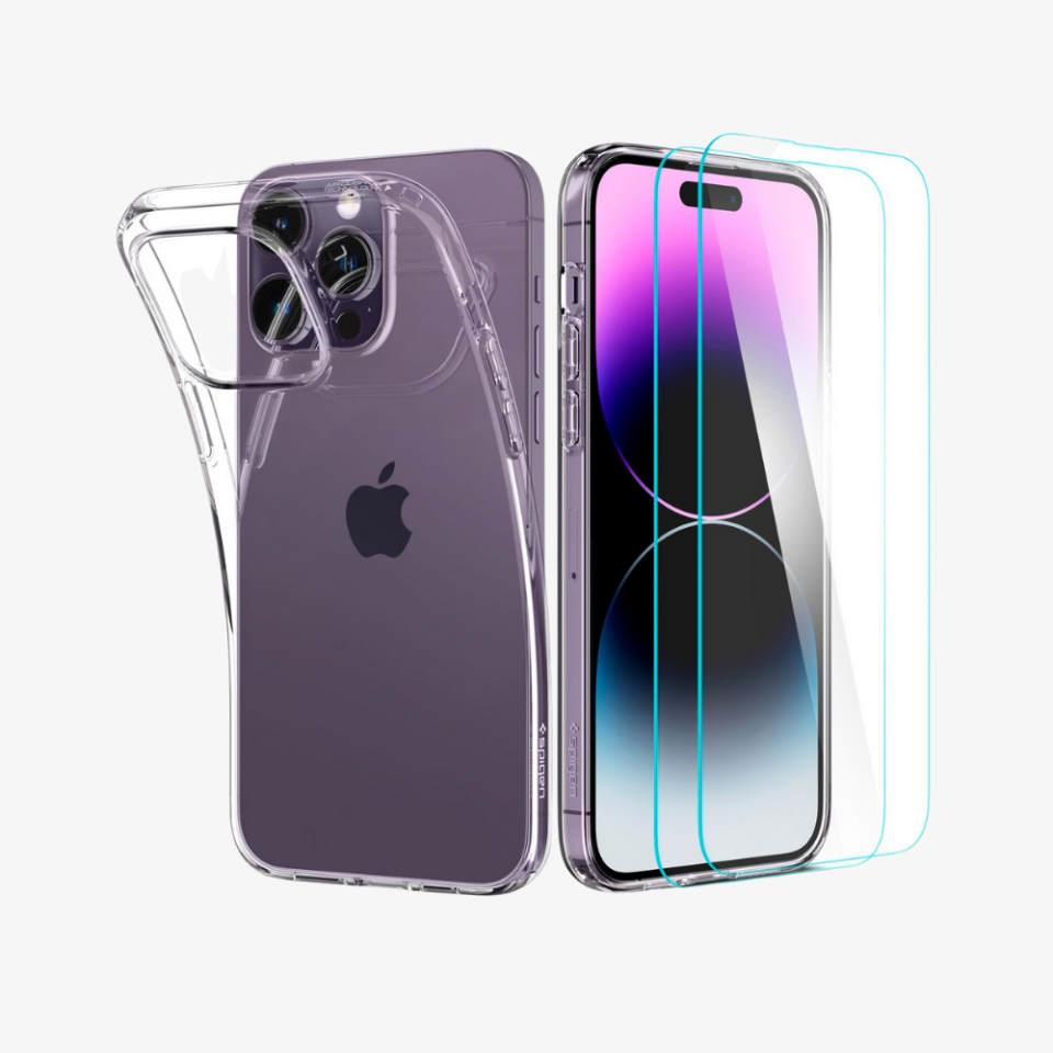 iPhone 14 Pro Kılıf, Spigen Crystal Pack + Spigen Glas.tR Slim HD (2 Adet) 360* Cam Ekran Koruyucu Crystal Clear
