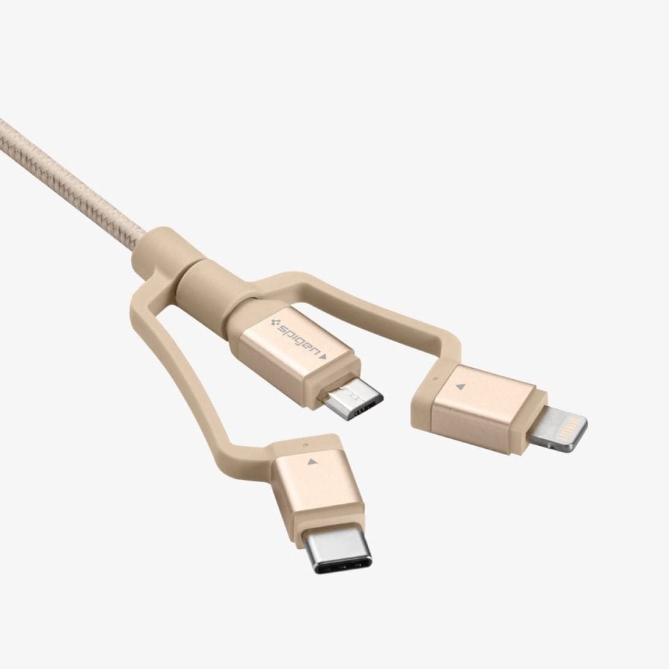 Spigen Essential C10i3 3in1 Lightning + Type-C + Micro USB to USB 2.0 Şarj / Data Dayanıklı Naylon Örgü Kablo (1.5m) Gold